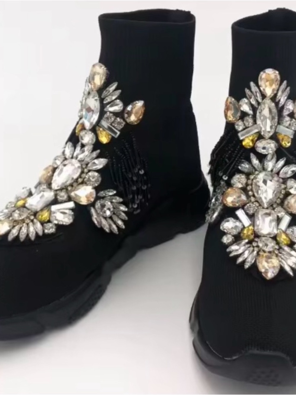 Black Embellished Sock Sneaker with Crystal Accents